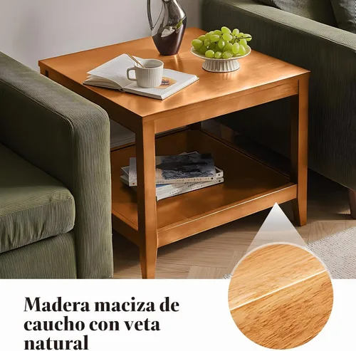 Vista 6 de Mesa auxiliar, mesa auxiliar cuadrada de madera maciza con estante de almacenamiento, mesa auxiliar de 2 niveles para sala de estar, mesa de sofá