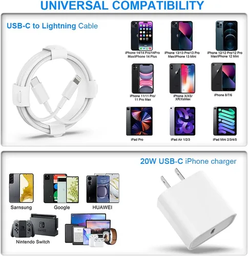 Vista 6 de Cargador USB C para iPhone, carga rápida, paquete de 3 unidades de 20 W, tipo C, cargador de pared con cable de carga USB C de 6 pies de largo
