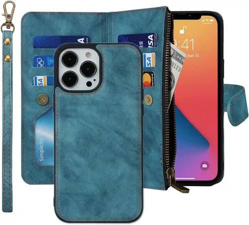 Vista 10 de iCoverCase Compatible con iPhone 13 Pro Max - Funda tipo cartera para teléfono con tarjetero, piel sintética, bolsillo con cremallera, magnética