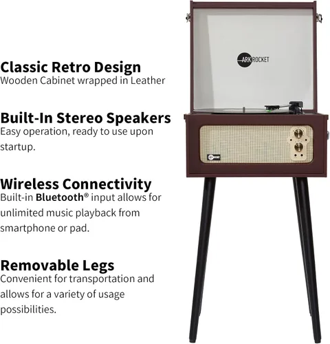 Vista 2 de Arkrocket Tocadiscos Bluetooth de 3 velocidades con altavoces integrados y patas extraíbles [edición limitada] (marrón)