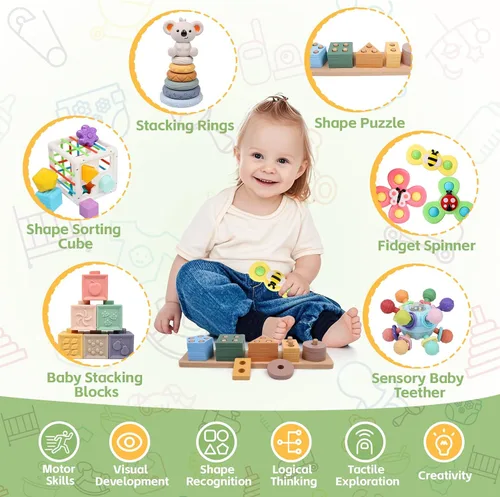 Vista 2 de YHHYTOY Juguetes Montessori 6 en 1 para bebés de 0-6 6-12 meses, juguetes de dentición para bebés, bloques apilables suaves, anillos clasificadores