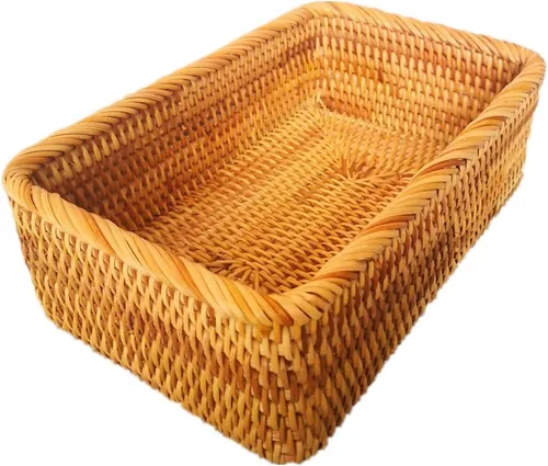 Vista 8 de Caja de frutas de mimbre rectangular hecha a mano, bandeja de ratán, organizador de revistas y objetos pequeños, cesta para servir (pequeña)