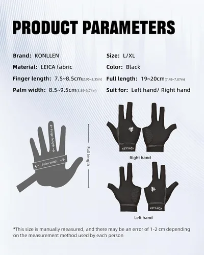 Vista 5 de KONLLEN Breathable Billiards Gloves, Left/Right Hand Three-finger design, mesh palm, adjustable wrist strap, secure grip for pool and snooker