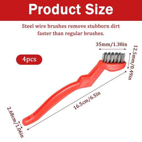 Vista 2 de 4 cepillos de acero inoxidable, pequeños cepillos de metal resistentes para eliminación de óxido, pequeños cepillos de limpieza con mango curvado