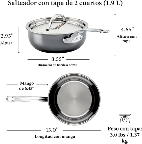 Vista 2 de Hestan - Colección NanoBond - Sartén de acero inoxidable de titanio con tapa, compatible con placa de inducción, 2 cuartos de galón