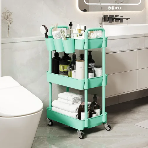Vista 5 de UDEAR Carrito utilitario rodante de 3 niveles, estantes de almacenamiento multifuncionales con asa y ruedas con cerradura para habitación, oficina
