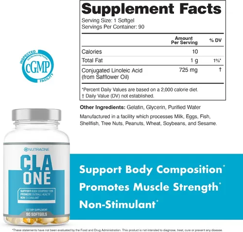 Vista 5 de NutraOne Nutrition Suplemento CLAOne de ácido linoleico conjugado (CLA) Suplemento natural* (90 cápsulas)