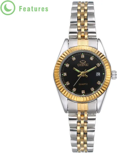Vista 5 de JewelryWe Luxury Couple Watches Men Women Gold-Silver Tone Stainless Steel Wristwatch Watch His and Her Quartz Calendar Watch Set, for Christmas