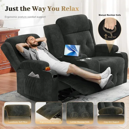 Vista 137 de Sofá de Dos Plazas Reclinable, Sofá Reclinable de Masaje con Gran Capacidad de Peso, Silla de Dos Plazas para RV en Liquidación con Consola, USB