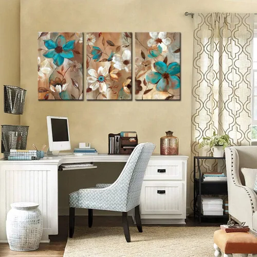 Vista 4 de Biuteawal - Pintura abstracta de flores sobre lienzo, arte de pared, diseño floral azul y blanco, ilustraciones decorativas contemporáneas