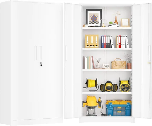 Vista 13 de Greenvelly Armario de almacenamiento de metal de 72 pulgadas de alto con 2 puertas y 4 estantes ajustables, gabinete de metal negro con cerradura