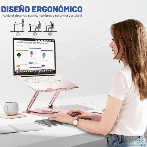 Vista 6 de Laptop Stand for desk(360°Rotating),Aluminum laptop Riser for 10-16"Laptops Oro rosa