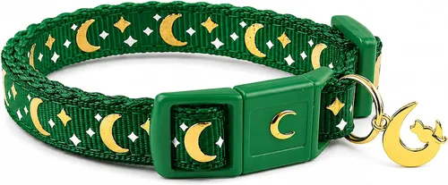 Vista 13 de waaag - Collar de seguridad para gato, con diseño de lunas y estrellas doradas, brilla en la oscuridad