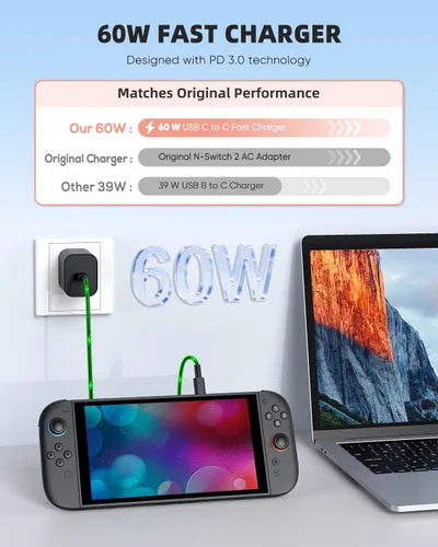 Vista 4 de Cargador Switch 2 Adaptador de corriente de CA de 60 W para Nintendo 21 con cable de 5 pies de largo, compatible con base de TV 4K, fuente de carga