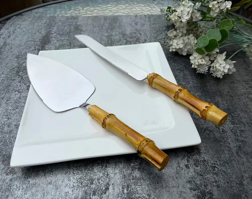 Vista 3 de Cubiertos de mango de material natural, cuchillo y servidor de acero inoxidable 18/0, cubiertos de cubiertos para comer
