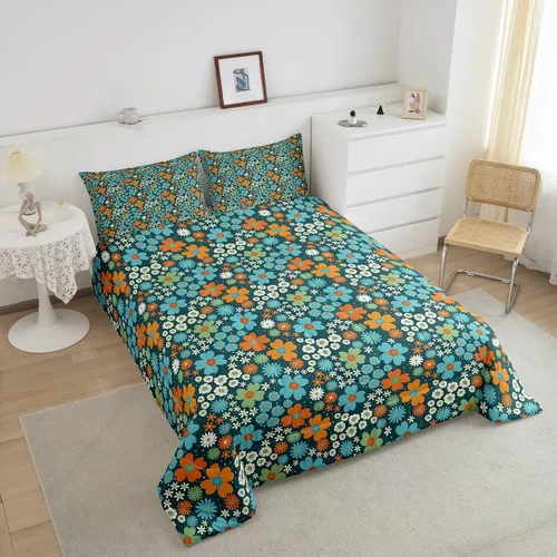 Vista 4 de Juego de ropa de cama floral retro, tamaño individual, vintage de los años 70 y 60, juego de edredón para niños, adultos y adolescentes, juego