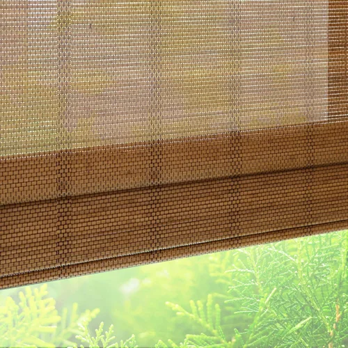 Vista 2 de Persianas romanas de madera personalizadas, persianas opacas con forro de bambú, color marrón Forro marrón-beige - Blackout
