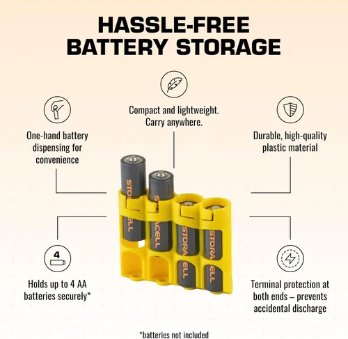 Vista 5 de Storacell - Organizador de almacenamiento de baterías AA (paquete de 2), amarillo, capacidad para 4 baterías (no incluidas)