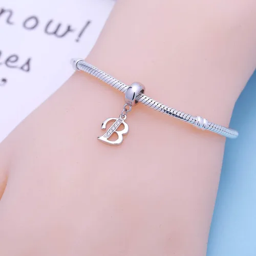 Vista 10 de ABUN Abalorio de plata de ley 925 con letra A a la Z, espaciador de inicial, con circonita cúbica transparete colgante, auténtica, para pulseras