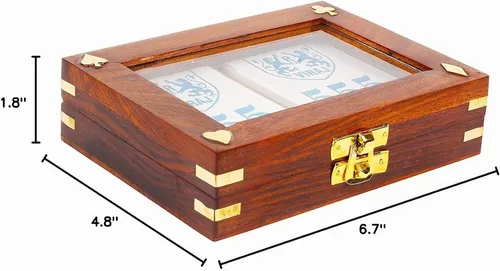 Vista 5 de Caja de almacenamiento de cartas de madera hecha a mano para 2 cubiertas, estuche de madera Sheesham con pantalla superior transparente y pestillo