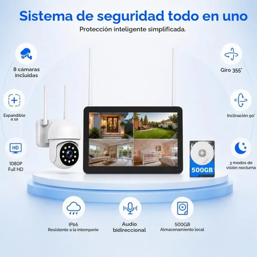 Vista 2 de Camcamp Wireless Security Camera System with 10 Inch Monitor, 8 PTZ Cameras white
