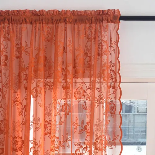 Vista 3 de FINECITY Cortinas traslúcidas naranja óxido de 72 pulgadas de largo para sala de estar, 2 paneles de cortinas de encaje transparente naranja Naranja