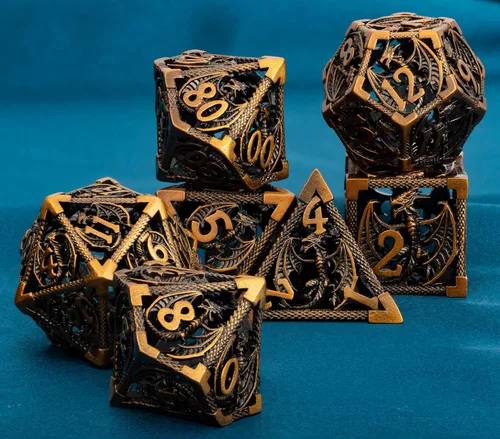Vista 5 de ARUOHHA Juego de dados huecos de metal DND, dados D y D de oro antiguo, juegos de rol RPG, dados poliédricos con caja de regalo D20 D12 D10 D8 D6 D4