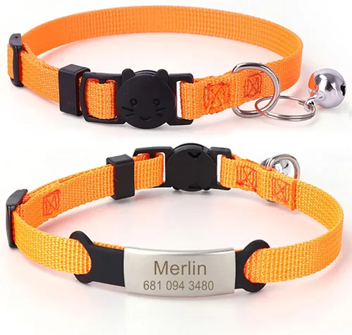 Vista 6 de Collares de gato personalizados, nombre grabado personalizado y etiqueta de identificación de teléfono, collar ajustable para mascotas suave y Negro