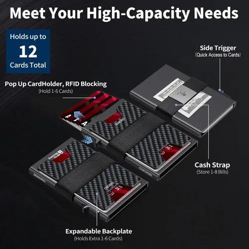 Vista 92 de Cartera delgada de aluminio para hombre, placa trasera expandible duradera, bloqueo RFID, billetera desplegable de metal minimalista, con capacidad