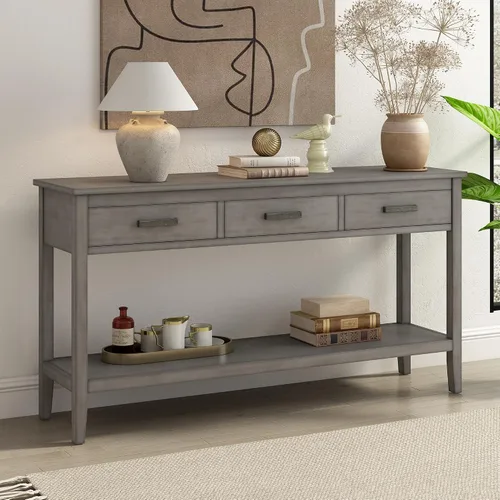Vista 2 de Mesa consola moderna, mesa de sofá con 3 cajones y 1 estante, mesa de entrada para entrada, pasillo, sala de estar, vestíbulo, pasillo