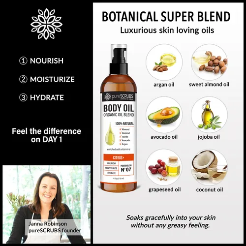 Vista 4 de pureSCRUBS Spray de aceite corporal cítrico ultra hidratante para piel seca, masaje, cutículas y más, súper mezcla orgánica de aceites de jojoba