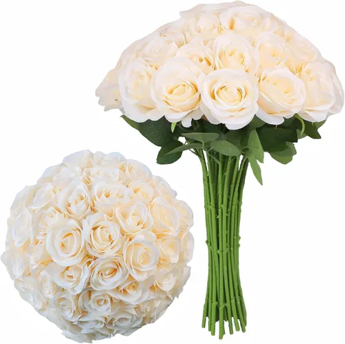 Vista 13 de LVEFIT - 12 rosas artificiales de otoño para decoración de otoño Beige