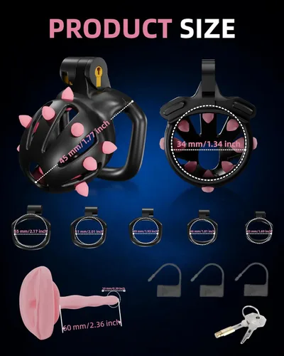 Vista 7 de Jaulas de castidad masculina para hombres, jaula pequeña para pene con puntos de masaje de silicona, ligera impresa en 3D, anillos de 5 tamaños
