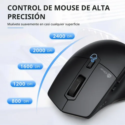 Vista 4 de iClever Ratón inalámbrico con Bluetooth o receptor USB, 5 niveles de DPI ajustables hasta 2400DPI, ratón recargable para computadora, ratón