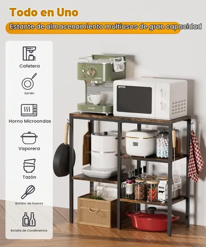 Vista 2 de Soporte de horno microondas de 4 niveles, estación de café ajustable para electrodomésticos pequeños, estante para panadería con 4 ganchos y 7