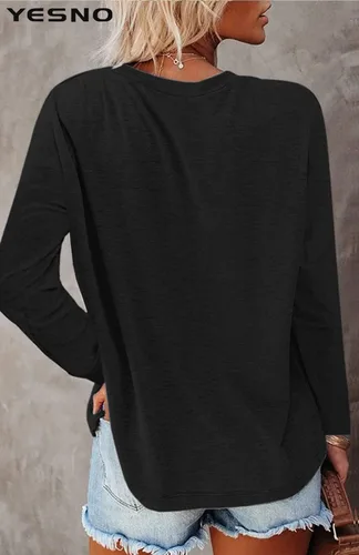 Vista 3 de YESNO Camisas casuales de manga larga para mujer, cuello redondo, color liso, sudaderas con bolsillo TY2