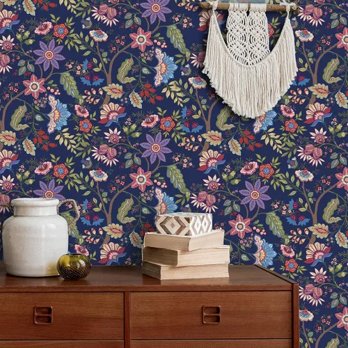 Vista 3 de VaryPaper Papel tapiz de 17.7 x 78.7 pulgadas, papel tapiz floral exótico azul para paredes, papel de contacto floral bohemio para paredes, papel