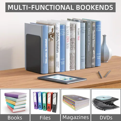 Vista 7 de VFINE Sujetalibros 1 par, extremos de libros de metal negro, sujetalibros pesados para estantes, tapón de libro para libros pesados, organizador