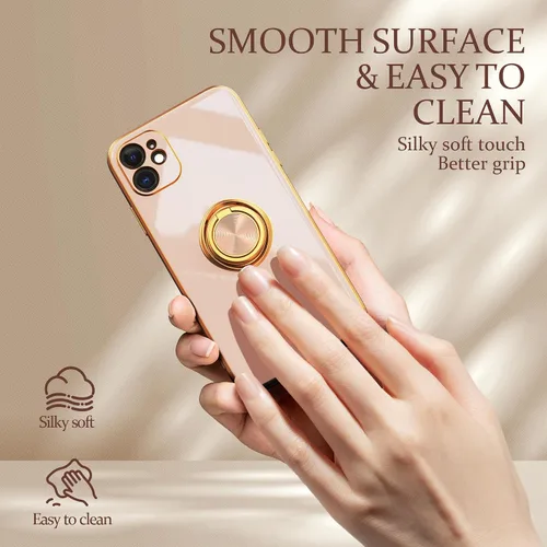 Vista 3 de IDweel Funda para iPhone 11 con soporte de anillo de 360° con soporte magnético, ligera, delgada, borde de oro rosa, TPU suave, protección