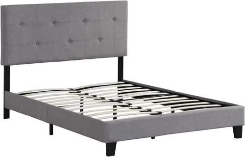 Vista 4 de Epinki Base de cama tapizada de tamaño matrimonial con cabecera moderna de tela de lino capitoné con botones, soporte de listones de madera
