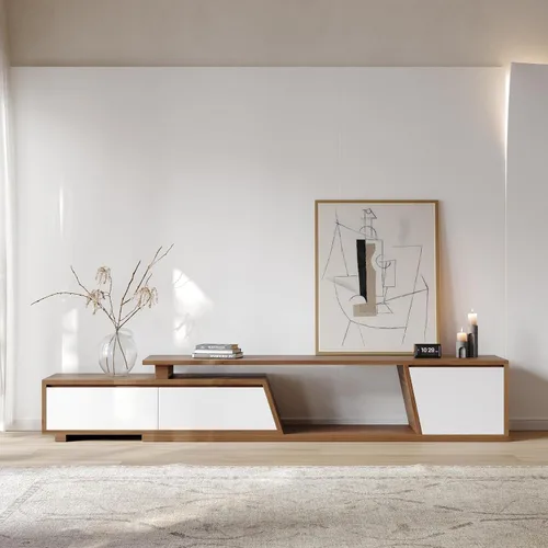 Vista 13 de homary Consola de TV extensible para sala de estar, centro de entretenimiento rectangular con 3 cajones, soporte de TV de hasta 110 pulgadas