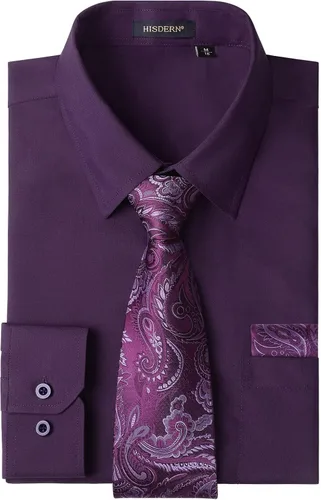 Vista 22 de HISDERN Mens Dress Shirt with Tie Pocket Square Set Classic Button Down Shirt Matching Tie Long Sleeve Shirts 08-verde