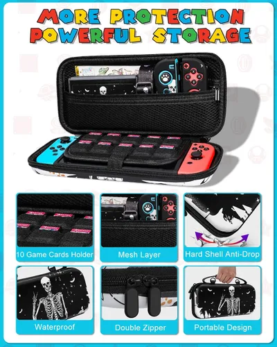 Vista 4 de 9in1 Skull Skeleton Switch Oled Case for Nintendo Switch Oled Carrying Cases Boy Hard Protective Cover Dockable Skin+Thumb Grips+Game