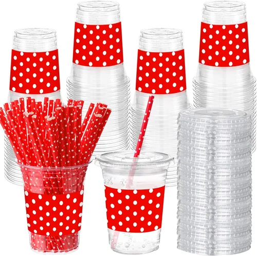 Vista 15 de Sliner 50 juegos de vasos de plástico a cuadros de 16 onzas con tapas y pajitas de papel, vasos desechables transparentes para fiesta de autos