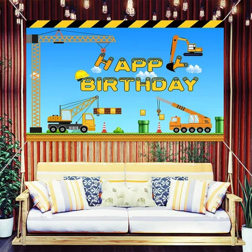 Vista 3 de Tema de construcción feliz cumpleaños telón de fondo camión volquete grúa fiesta de cumpleaños banner excavadora camión fotografía fondo niños