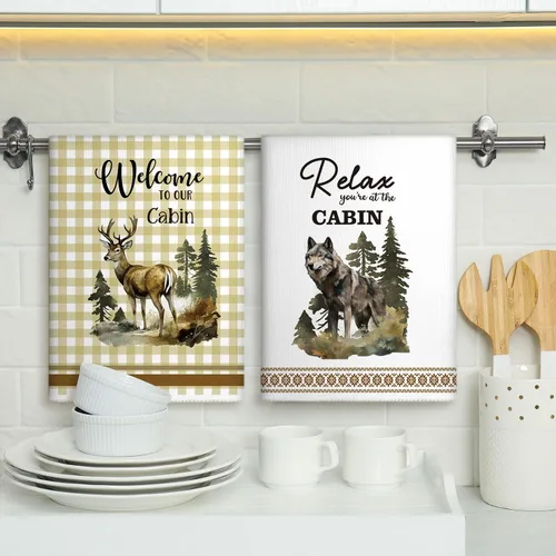 Vista 2 de Buryeah Juego de 4 toallas de cocina de cabaña de 23.6 x 16 pulgadas, diseño de oso de vida silvestre, ciervo, oso, decoración rústica, suave