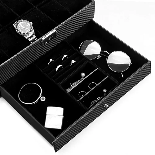 Vista 5 de Oyydecor Caja de reloj con 12 ranuras, organizador de relojes, organizador de joyas con cajón de joyería para almacenamiento y exhibición