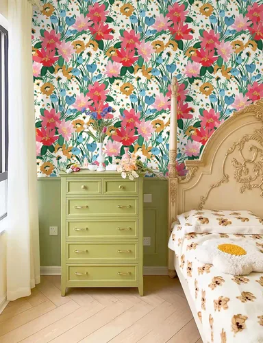 Vista 6 de Papel tapiz floral removible botánico de primavera para baño, papel tapiz botánico para inquilinos botánicos, papel tapiz de contacto de flores