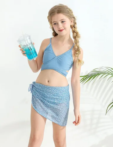 Vista 4 de URMAGIC Traje de baño de 3 piezas para niña con estampado, traje de baño con cubierta para niñas de 8 a 12 años