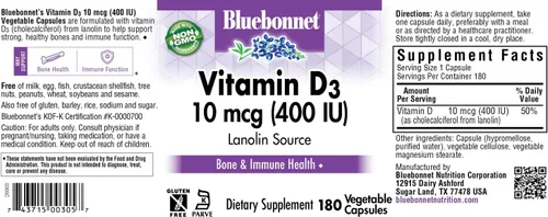 Vista 6 de BlueBonnet Nutrition Vitamina D3 400 UI - Cápsula vegetal, ayuda en el crecimiento muscular y esquelético, colecalciferol de lanolina, sin OMG, sin